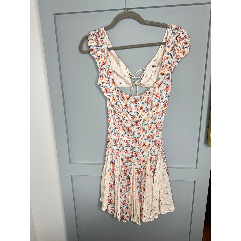 Free People Cream Mini Dress with Coral and Blue Floral Print and Lace-Up Back